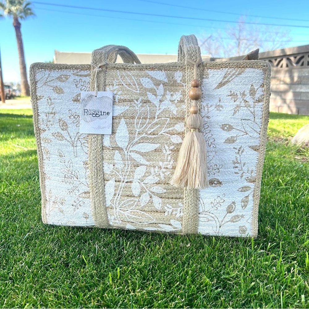 Jute Shoulder Floral Bag Beige NWT